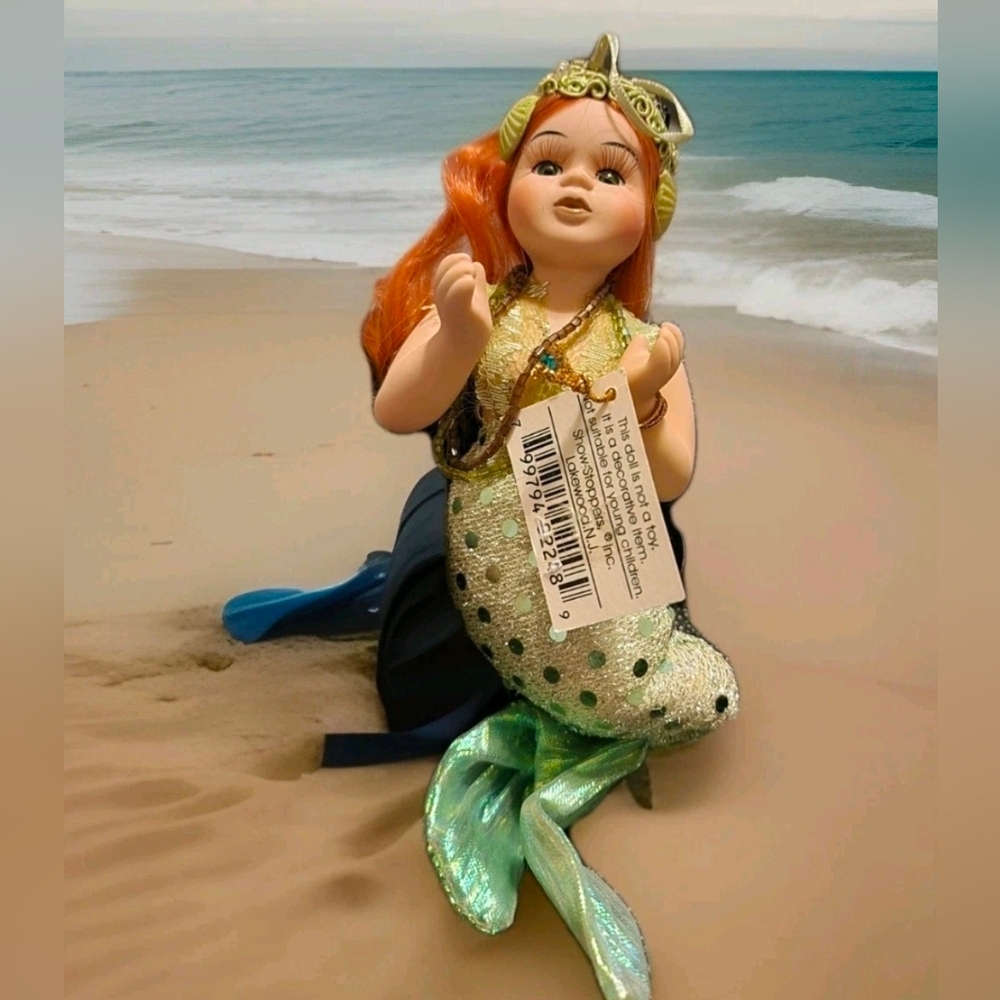 Little Mermaid Porcelain Doll Show Stopper Eyelashes Glass Beads Shells Sequin